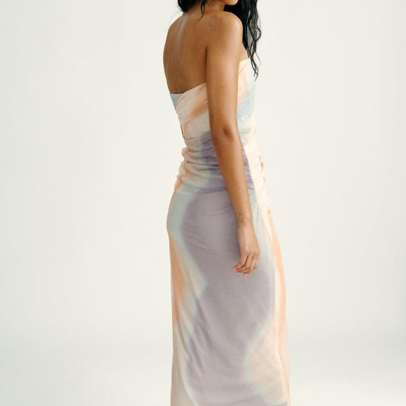 NEW | ZARA STRAPLESS MESH CORSET RUCHED MARBLED TIE DYE PASTEL BOHO MIDI DRESS - Picture 2 of 10